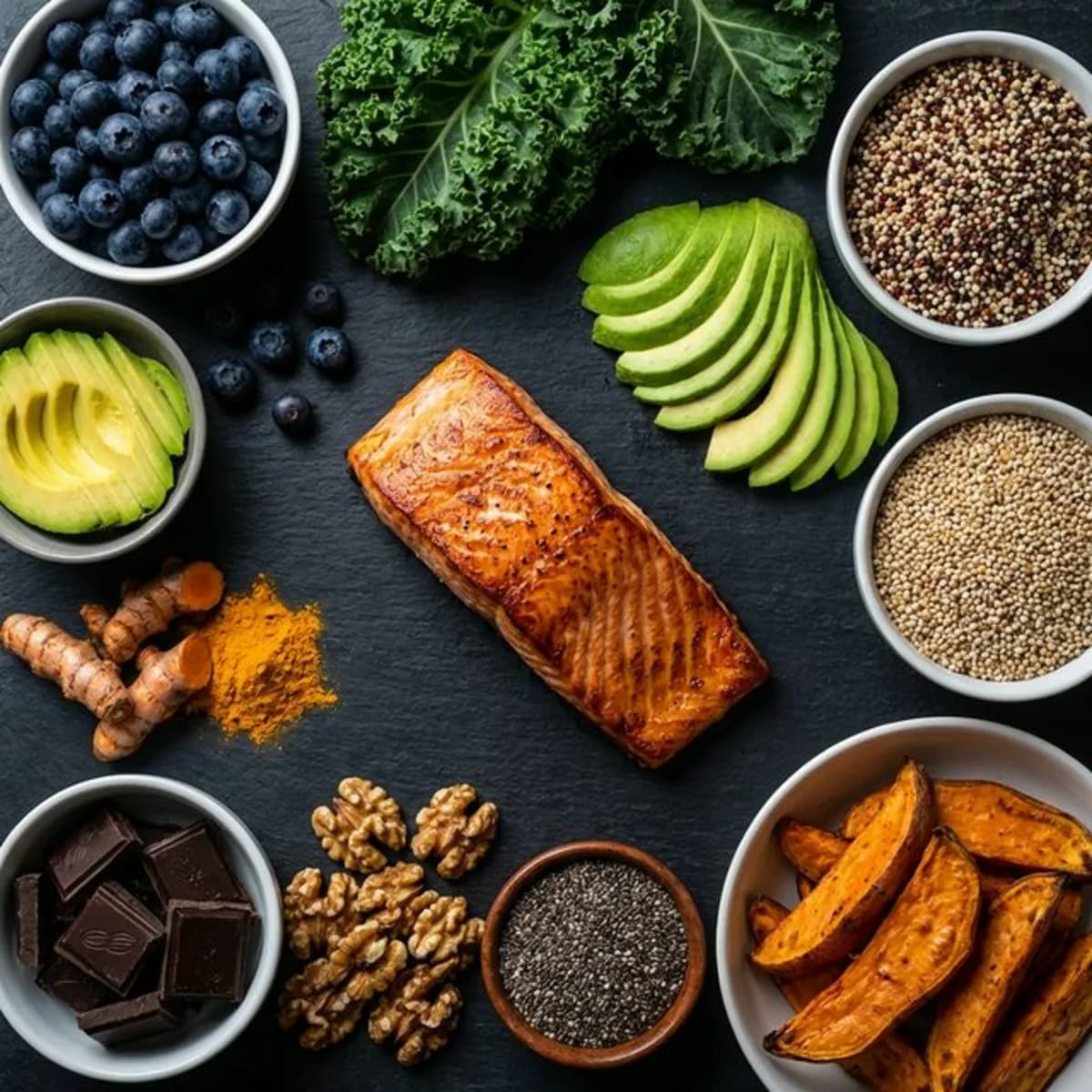 Overhead view of the healthiest superfoods including salmon, blueberries, kale, avocado, quinoa, and turmeric on dark slate