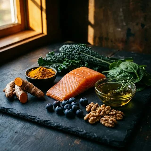 Turmeric, salmon, blueberries, kale, walnuts and olive oil arranged on dark slate