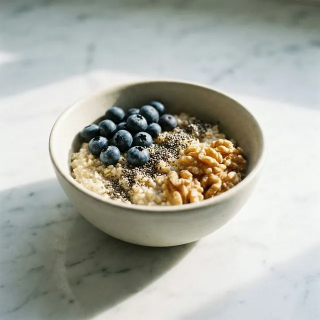 Bowl of steel-cut oats topped with blueberries, chia seeds, and walnuts on a marble surface