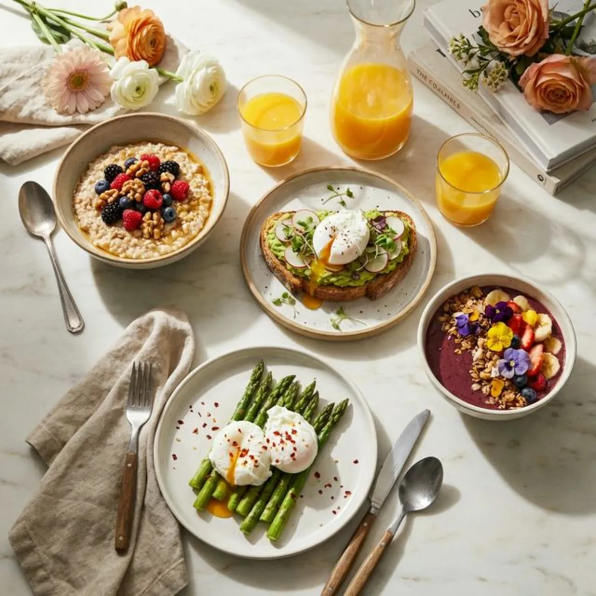 Beautiful healthy breakfast spread with oatmeal, avocado toast, smoothie bowl, and poached eggs in morning sunlight