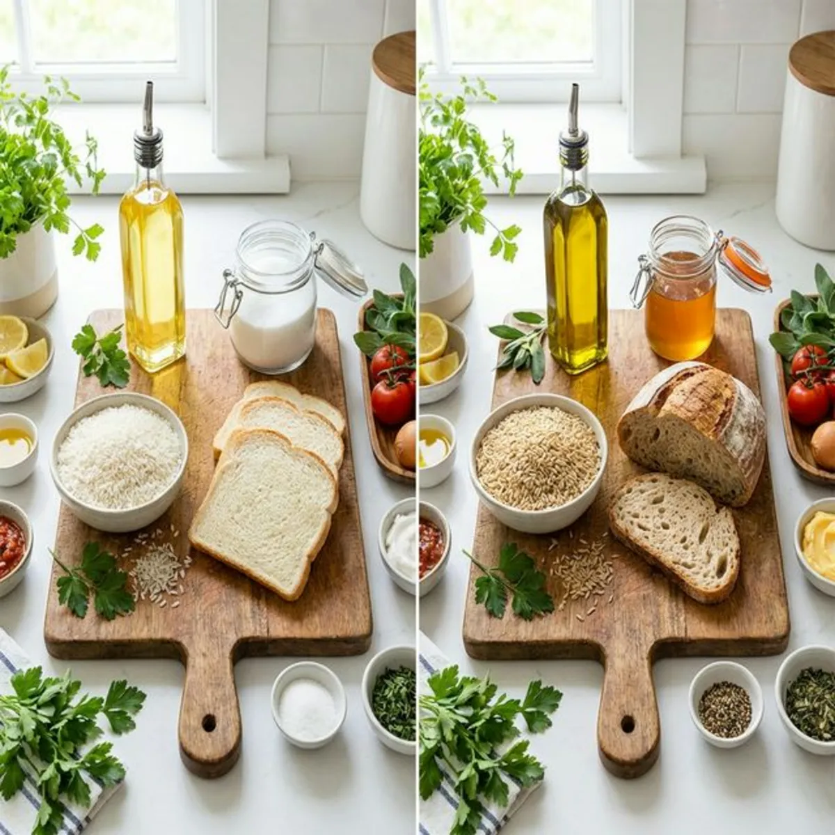 Flat lay of healthy ingredient swaps side by side on a kitchen counter
