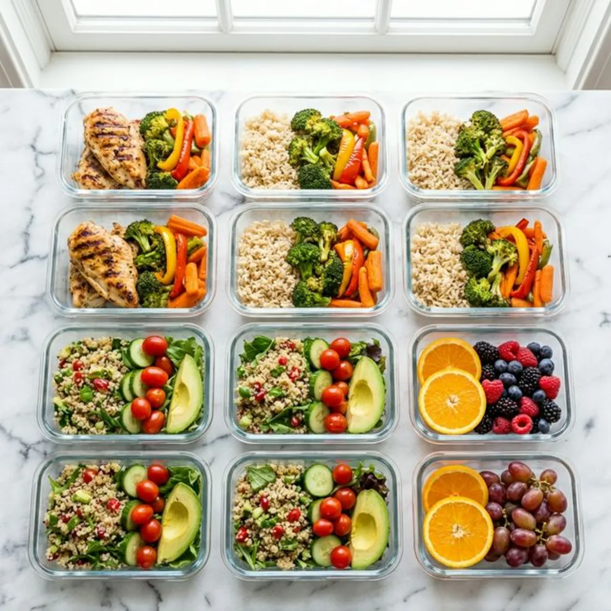 Top-down view of organized weekly meal prep containers filled with healthy foods on a marble surface