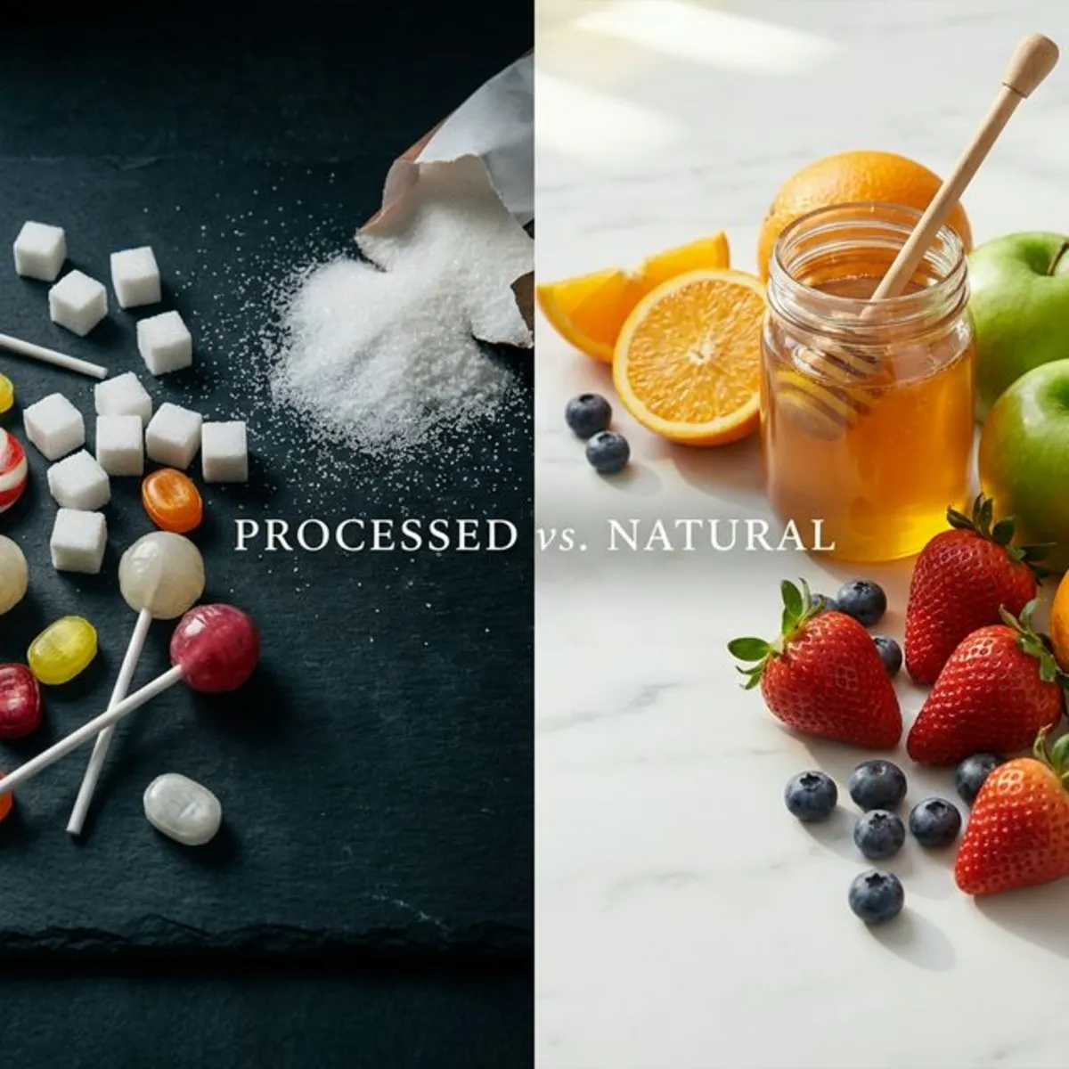 Dramatic split image showing processed sugar and candy transitioning to fresh fruits, honey, and natural sweeteners