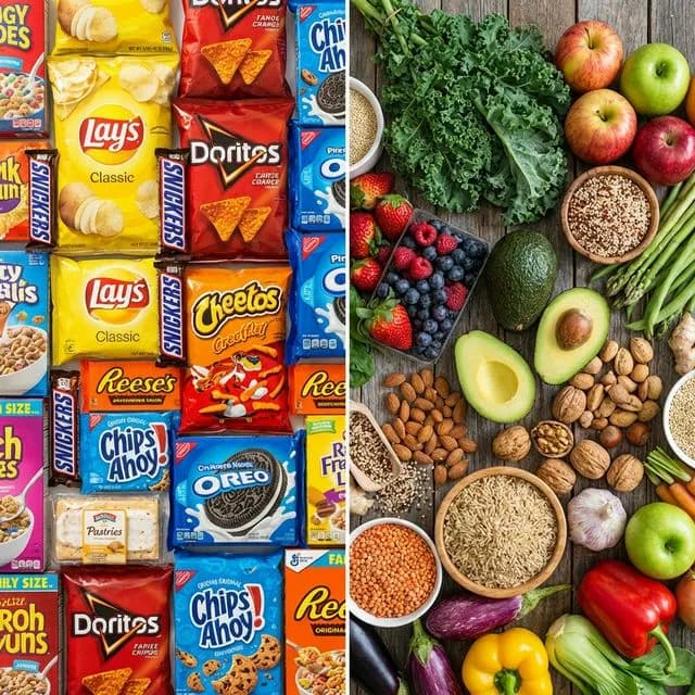 Ultra-processed packaged foods on one side versus whole natural foods on the other